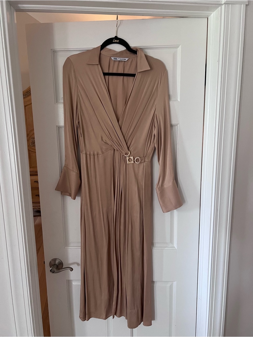 Zara Taupe Wrap Midi Dress with Gold Buckle
